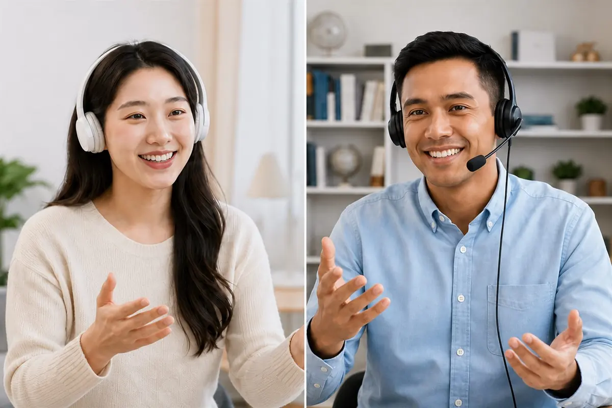 한국인 수강생과 원어민 선생님이 화상으로 영어 수업하는 모습